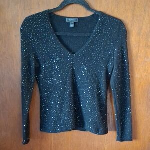 Saks Fifth Avenue Black Cashmere XS V-neck Sweater Top W Black Sequins NWOT